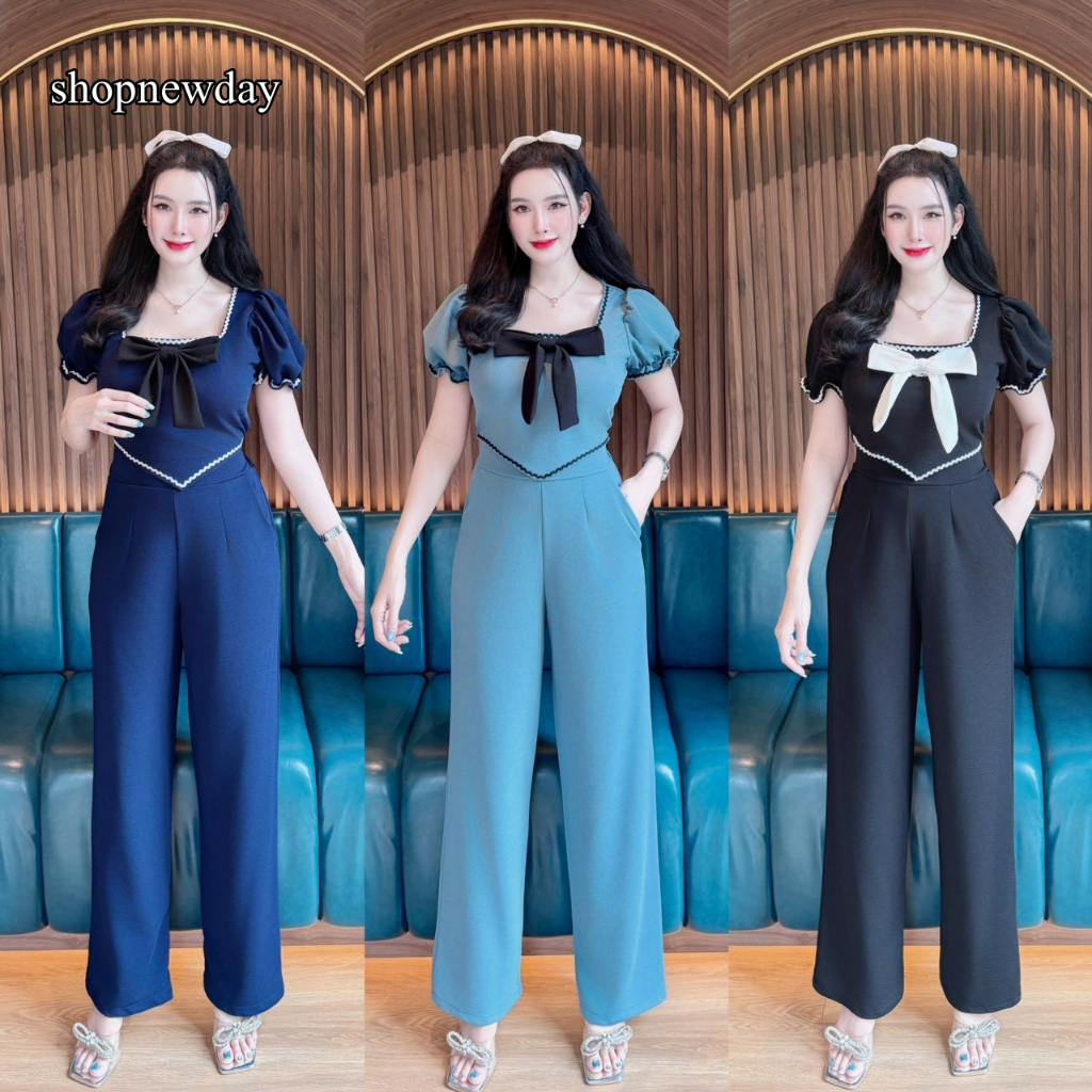 Set 2 ชิ้น เสื้อผ้าวูลเวฟแขนตุ๊กตาแต่งกุ้นโบว์หน้า + กางเกงเอวเรียบสม๊อคหลังมีกระเป๋า A7014