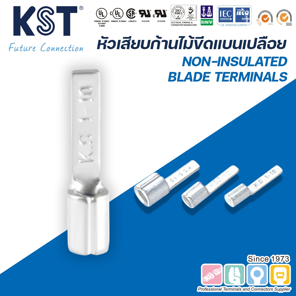 KST หัวเสียบก้านไม้ขีดแบนเปลือย เข้าสายไฟ 0.5-6mm² แพ็คละ 50-100ชิ้น