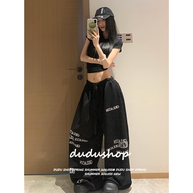 [Hip-hop letter print, dance sports wide-leg pants]กางเกงผู้หญิงพิมพ์ลายย้อนยุคเกาหลี กางเกงกีฬาขากว้างลำลองแบบสตรีท