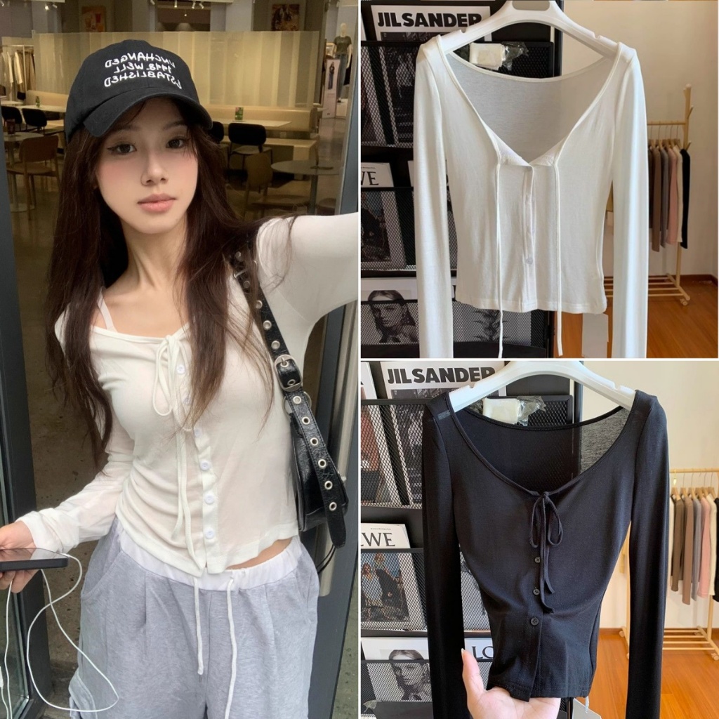 cherryshop พร้อมส่ง เสื้อคาร์ดิแกนแขนยาวเชือกผูกสไตล์เกาหลีแฟชั่นสำหรับผู้หญิง สีพื้น สไตล์สลิมฟิต เซ็กซี่ สวมใส่สบาย