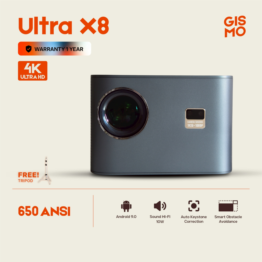 GISMO📍 | Ultra X8 4K Projector โปรเจคเตอร์ 650 ANSI Built-In Andriod 9.0 HIFI Sound 10W
