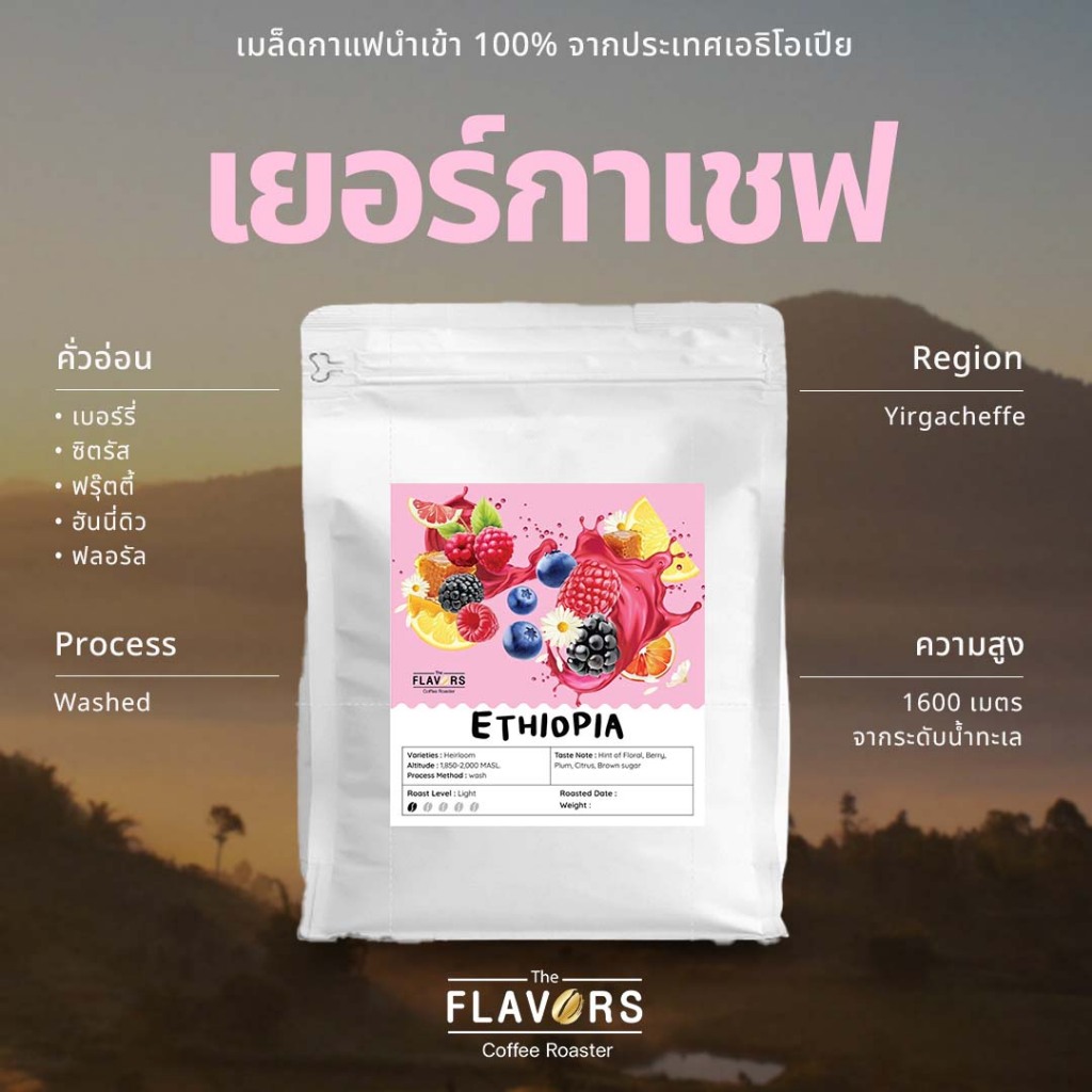 เมล็ดกาแฟคั่วอ่อน 'เยอร์กาเชฟ' เอธิโอเปีย นำเข้า 100% ขนาด 100-500 กรัม หอมฉ่ำ เบอร์รี่ ผลไม้ ดอกไม้