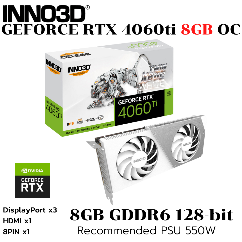 VGA (การ์ดแสดงผล) INNO3D GEFORCE RTX 4060 TI 8GB TWIN X2 OC WHITE - 8GB GDDR6 (N406T2-08D6X-171153W)