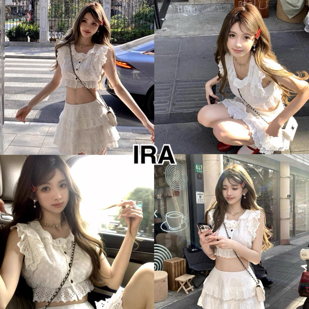 BY IRA Fiona Set ชุดเสื้อเชิ้ตกระโปรงสั้น ฉลุลาย สองชิ้น สีขาว แฟชั่นฤดูร้อน สําหรับเด็กผู้หญิง