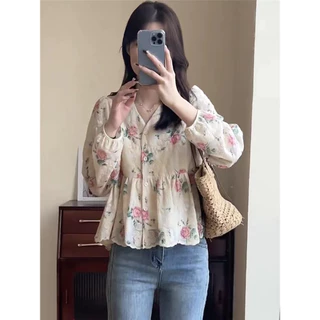 STYLE#เสื้อเชิ้ตแขนยาวผู้หญิง สไตล์เกาหลี สุภาพสตรี หลวม วินเทจ ปักดอกไม้ คอวี เสื้อเบลาส์ รุ่น#99189