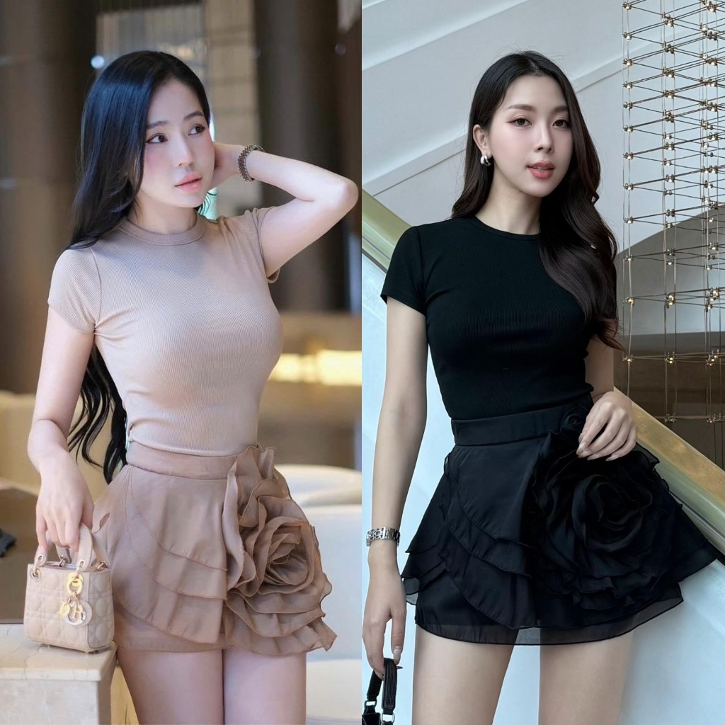 ❣️พร้อมส่ง📌 SWAN ชุดมี๊หนม เสื้อยืดผ้าร่อง กระโปรงแต่งดอกไม้ ซับในกางเกง  ใส่เที่ยว ปาร์ตี้ PS.CLOSE