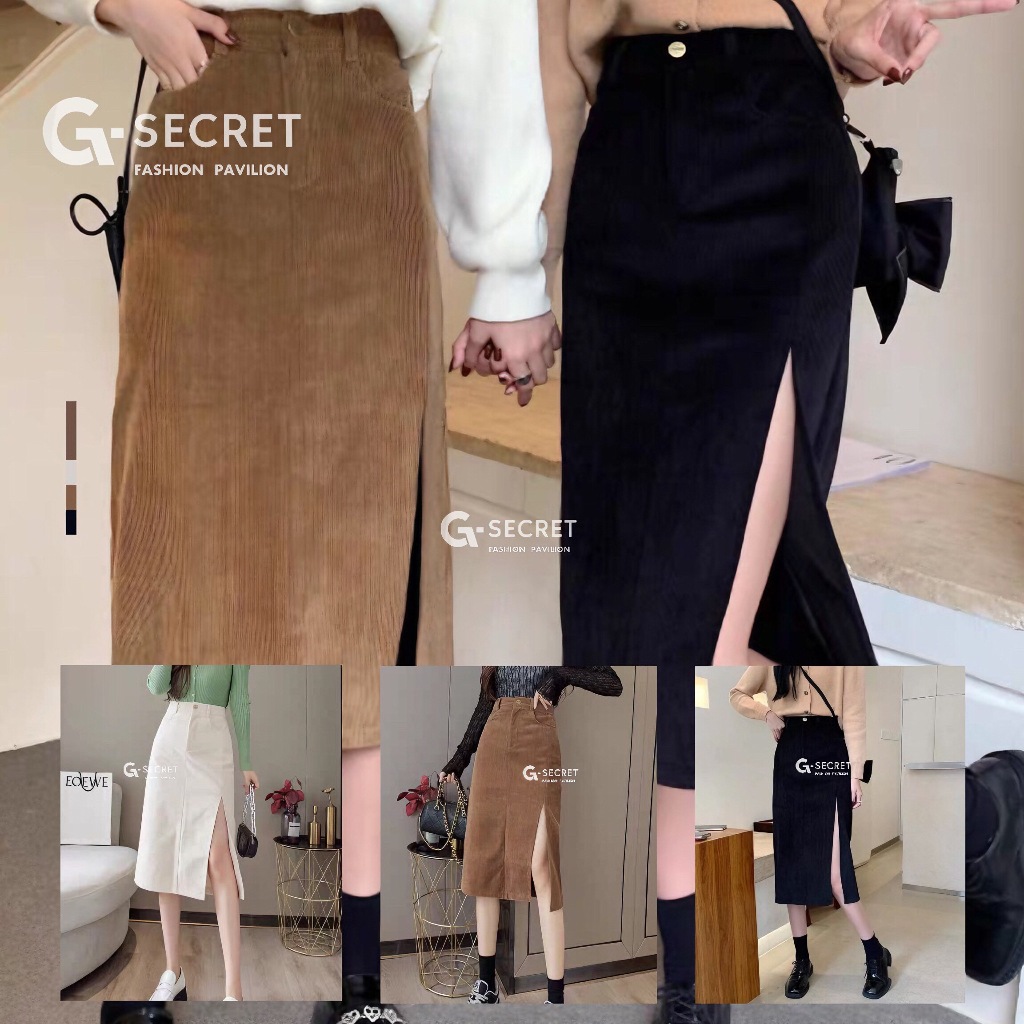 พร้อมส่ง กระโปรงยาว ผ้าลูกฟูก ผ่าหน้า 1 กระดุม เซ๊กซี่หวานๆ Clothing Women