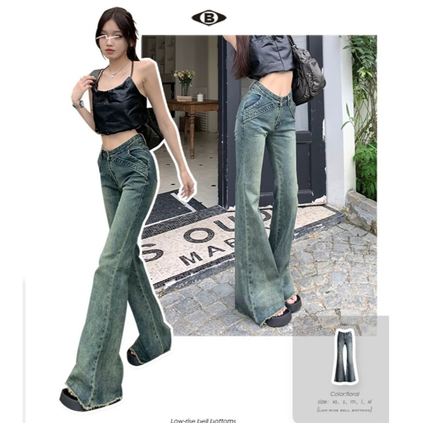 กางเกงยีนส์ขาบานขอบดิบสไตล์เรโทร สำหรับผู้หญิง เอวต่ำ สไตล์สาวฮอต ยางยืดต่อ ทรงเข้ารูป มีกระเป๋าด้านข้าง