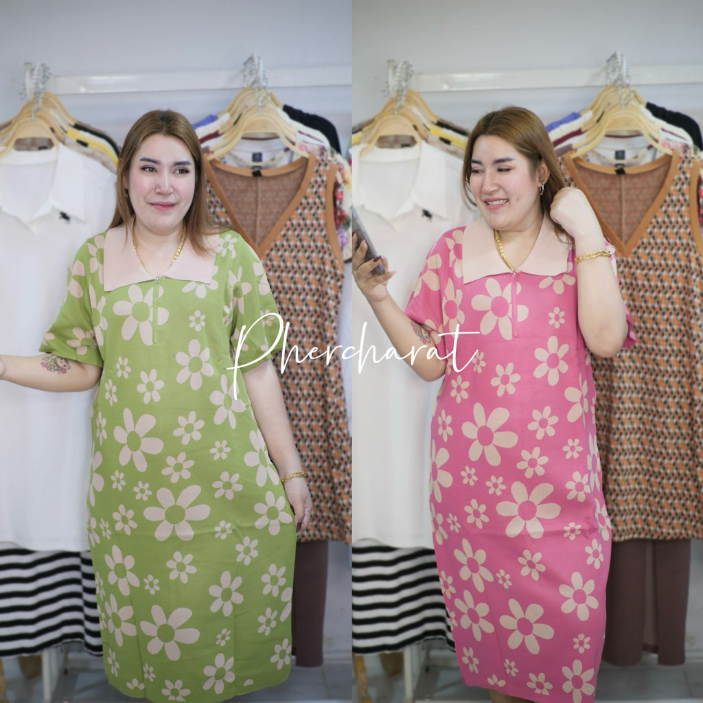 เดรสคอกปกซิปจริงทอลายหว๊าน..หวานๆพร้อมส่ง