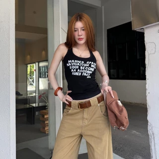 🌈SpinnyHouse🌈เสื้อกล้าม กล้ามเว้าหลัง สกรีนลาย สไตล์ Y2K พร้อมส่ง ผ้ายูนิยืดเยอะมาก สาวอวบใส่ได้ รุ่น กล้ามยูนิ MANKED