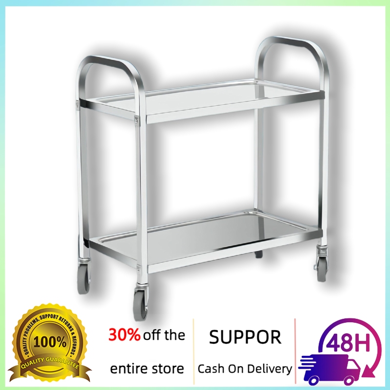 Stainless Steel 2 ชั้น รถเข็นเครื่องมือแพทย์ มีล้อเลื่อน หมุนได้ รถเข็นอุปกรณ์ รถเข็นคลินิก รถเข็นวางเครื่องดื่ม เบรกได้