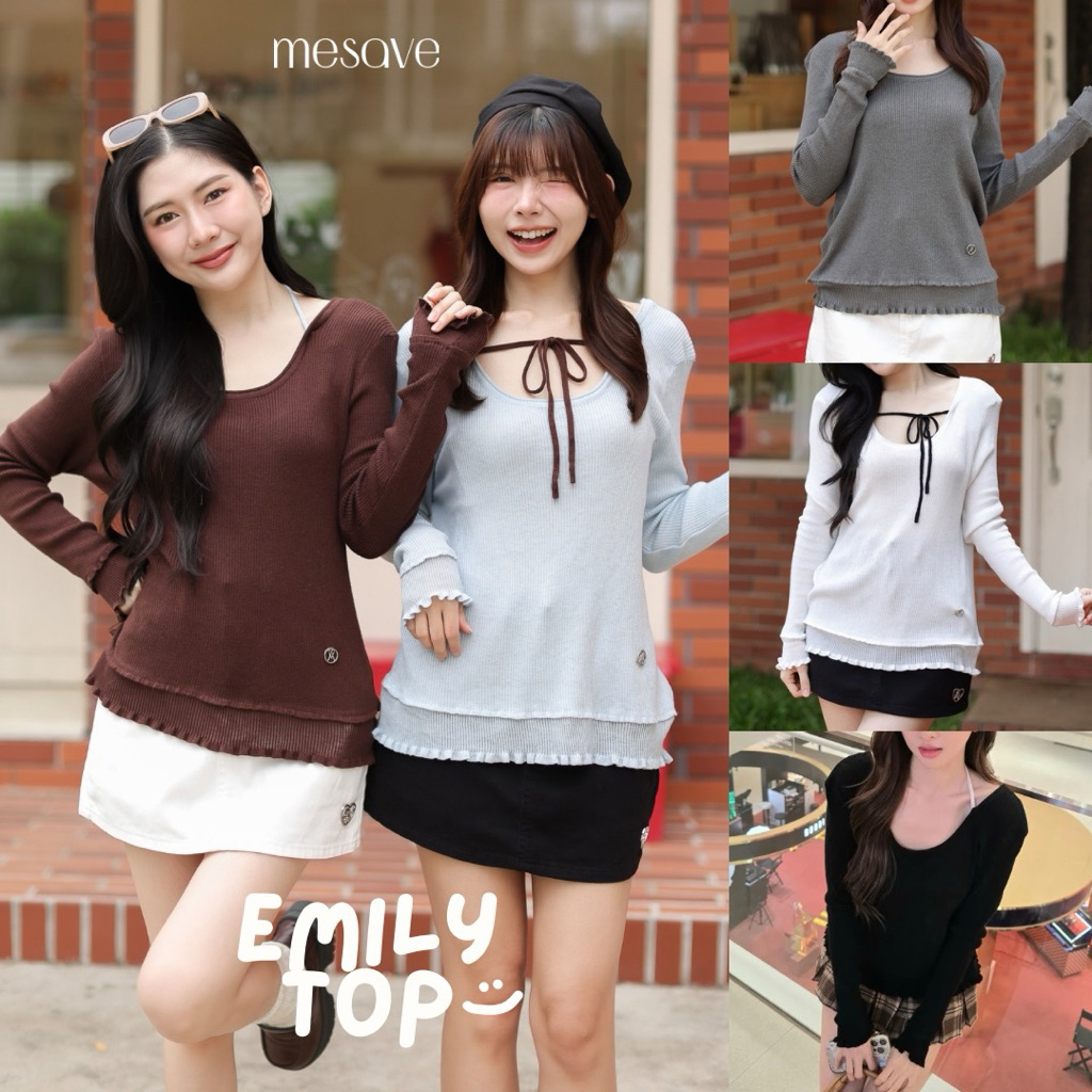 (5สี4ไซส์) EMILY TOP เสื้อแขนยาวคล้องคอ ผ้าไหมพรม รุ่นT107 - MESAVE