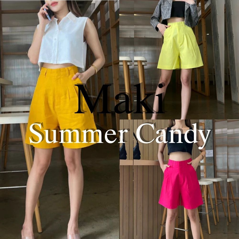 [Cozy Fluffy] Maki Pant / Summer Candy 404 กางเกงขาสั้น2ส่วนมีหู ผ้าลินินผสมฝ้ายเก็บทรงเอวสูงใส่สบาย