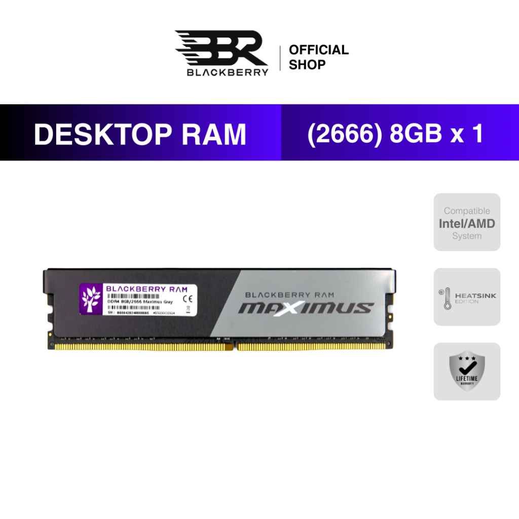 RAM PC DDR4 8GB 2666MHz Blackberry (BBR) MAXIMUS GRAY รองรับ Intel/AMD ประกัน Lifetime