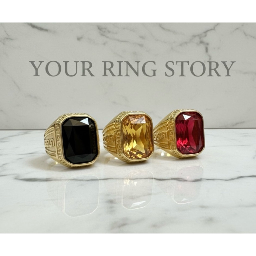 แหวนหัวพลอยสแตนเลสเลเซอร์ 18k ลายจีน