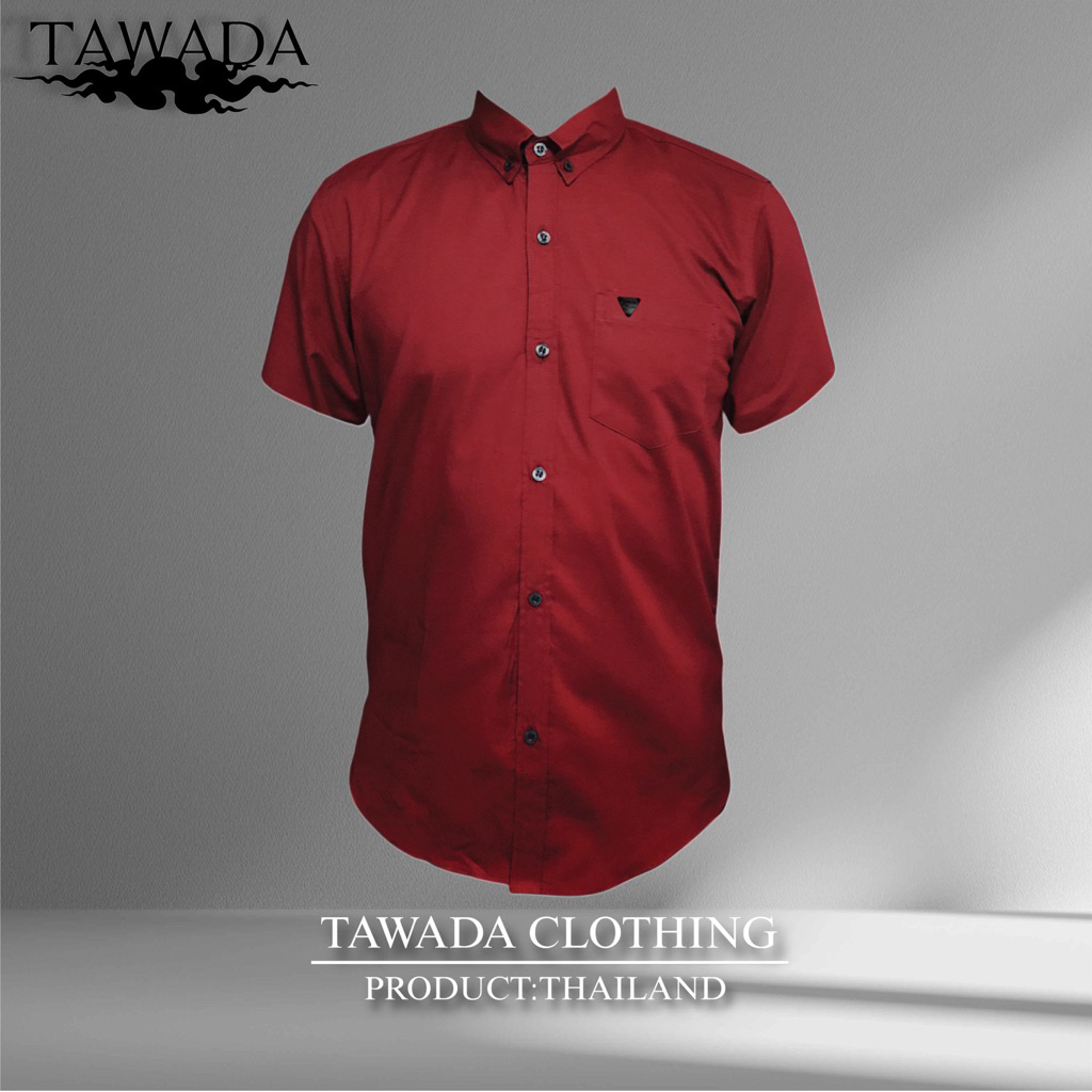เสื้อเชิ้ตสีแดงคอปกแขนสั้นทรง Slimfit ผ้า Oxford Cotton100% แบรนด์ TAWADA รุ่น T011-SDS
