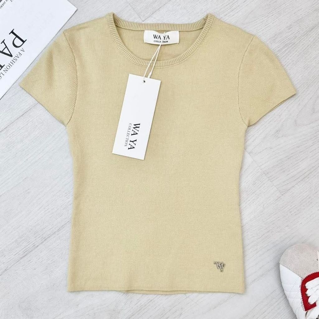 เสื้อไหมพรมคอกลมสีเขียวอ่อน​ เสื้อไหมพรมงานป้ายWaya เสื้อไหมพรมแขนสั้นน่ารัก​ เสื้อติดอะไหล่อก​