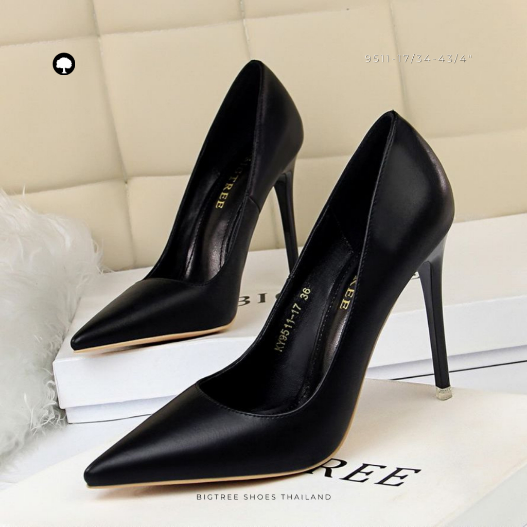 Bigtree Shoes Thailand ส้นสูงหัวแหลม สีด้านพรีเมียม ใส่สบายทุกโอกาส ไซส์ 34–43 นิ้ว รหัส 9511-17