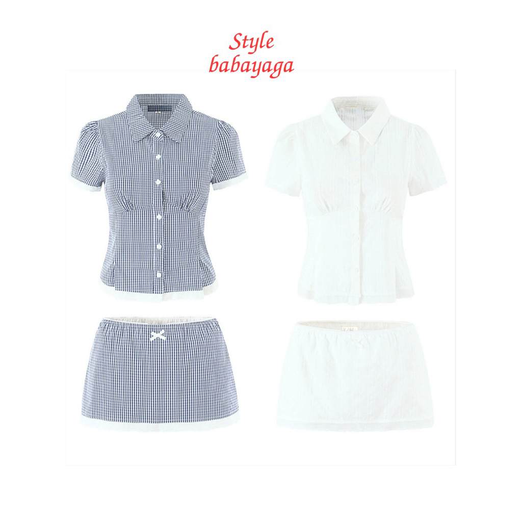 Stylebabayaga ชุดเซ็ทbabayaga vintage set เสื้อเชิ้ตแขนสั้นระบายลูกไม้เล็กๆรอบชุดทั้งเสื้อและกระโปรง ด้านหลังมีสม็อค ราคา ถูกที่สุด ดีลบีเคเค