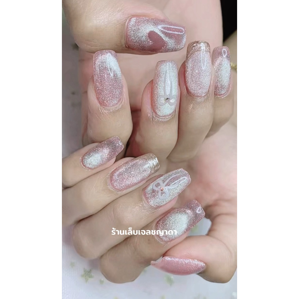 เล็บเจลลูกแก้วชมพูหัวใจเพ้นท์โบว์🫟🎀