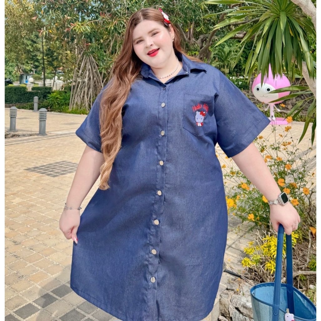 เดรสเชิ้ตปักคิตตี้ อก40-62นิ้ว ผ้ายีนส์บาง มีกระเป๋า คอปก แขนสั้น กระดุมใช้ได้จริง สาวอวบ ไซส์ใหญ่ MG27-0 - รูปที่ 7