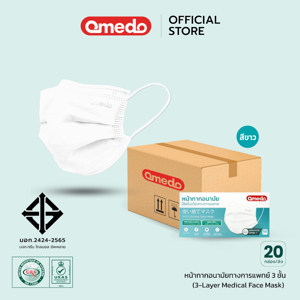 [ยกลัง สุดคุ้ม!] Omedo Medical Face Mask มอก.ระดับที่ 1 หน้ากากอนามัยทางการแพทย์ 3 ชั้น บรรจุ 50 ชิ้น | X 20 กล่อง