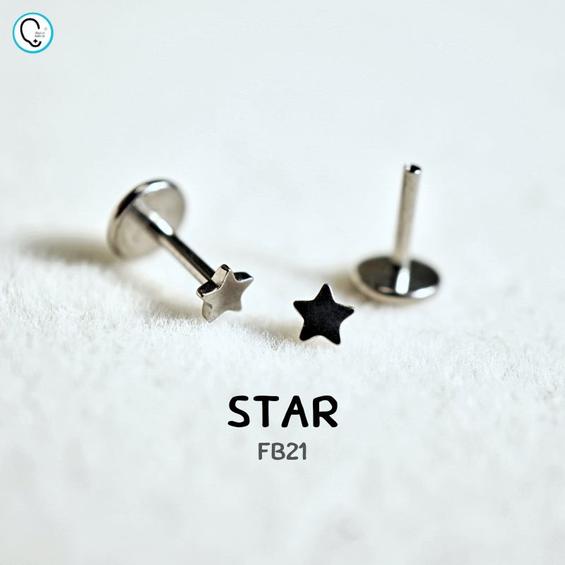 ต่างหูไทเทเนียม 100% แป้นแบนขันน็อต สำหรับผิวแพ้ง่าย ใส่สบายเรียบหลังหู Ti star (ข้าง)_FB21