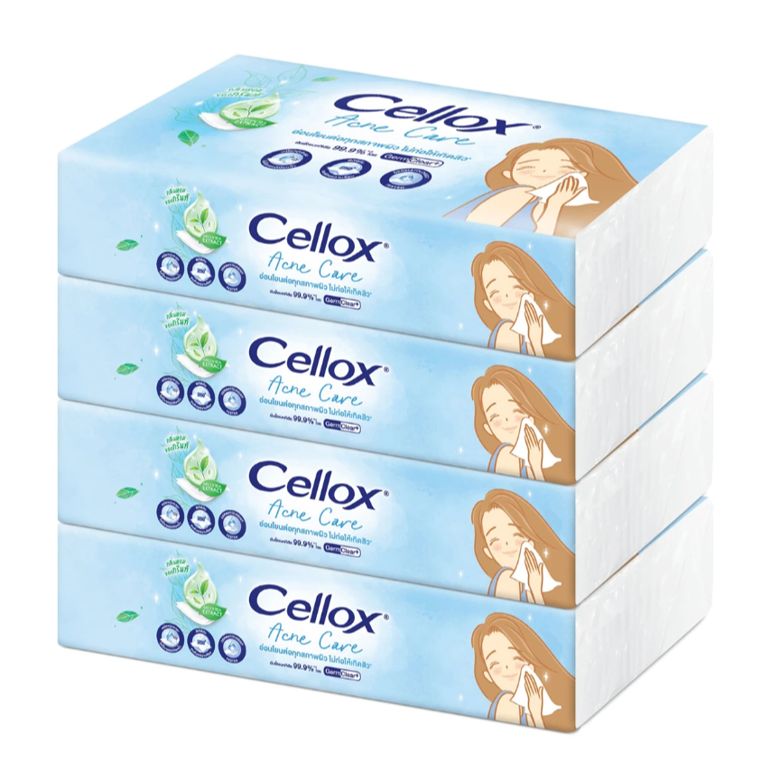Cellox  Acne Care ทิชชู่ สำหรับเช็ดหน้า แอคเน่แคร์ซอฟท์ 100 แผ่น แพ็ค4ห่อ