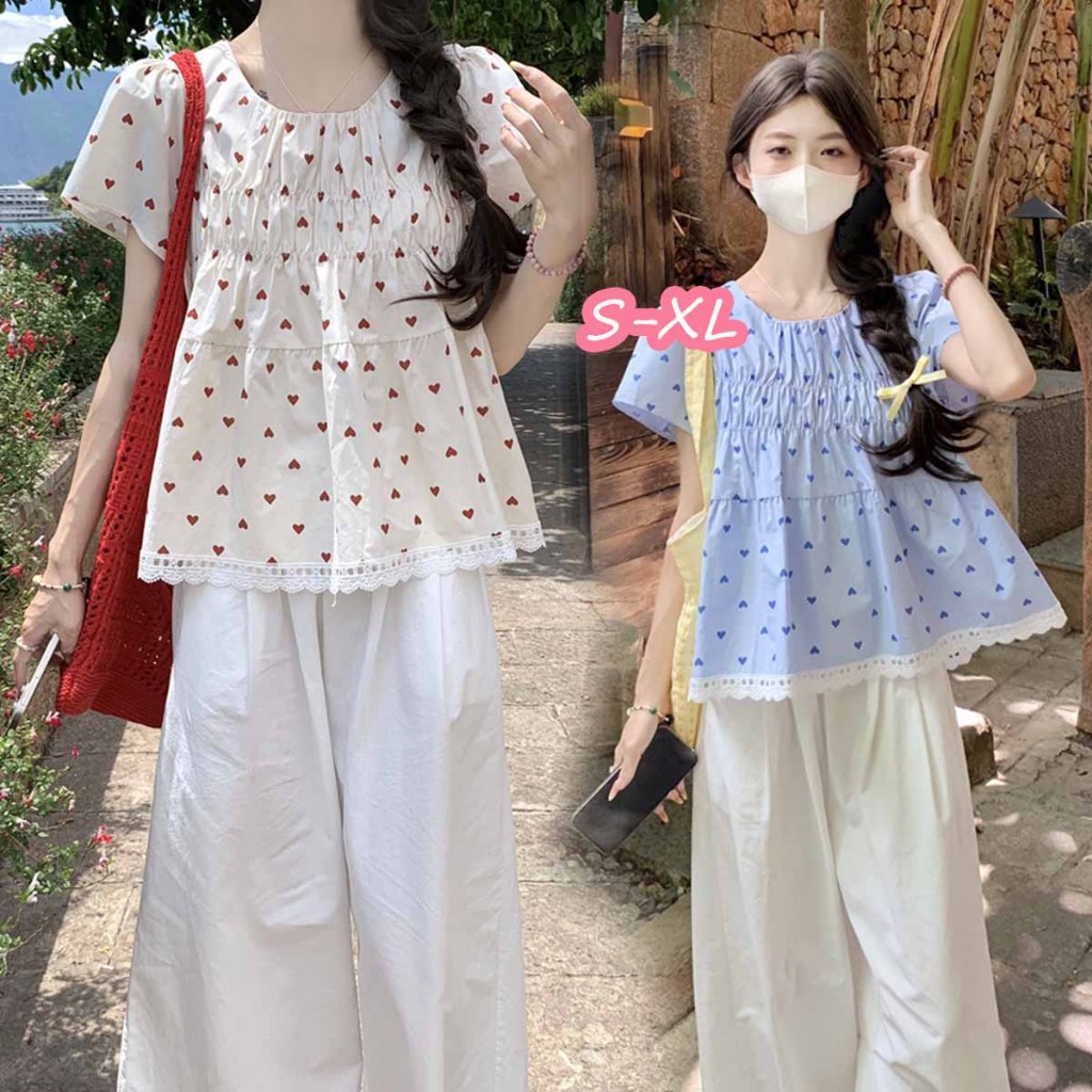 STYLE#เสื้อเชิ้ตคอกลมพิมพ์ลายหัวใจหวานสไตล์เกาหลี แขนจับจีบ และเสื้อตัวหลวม รุ่นw646