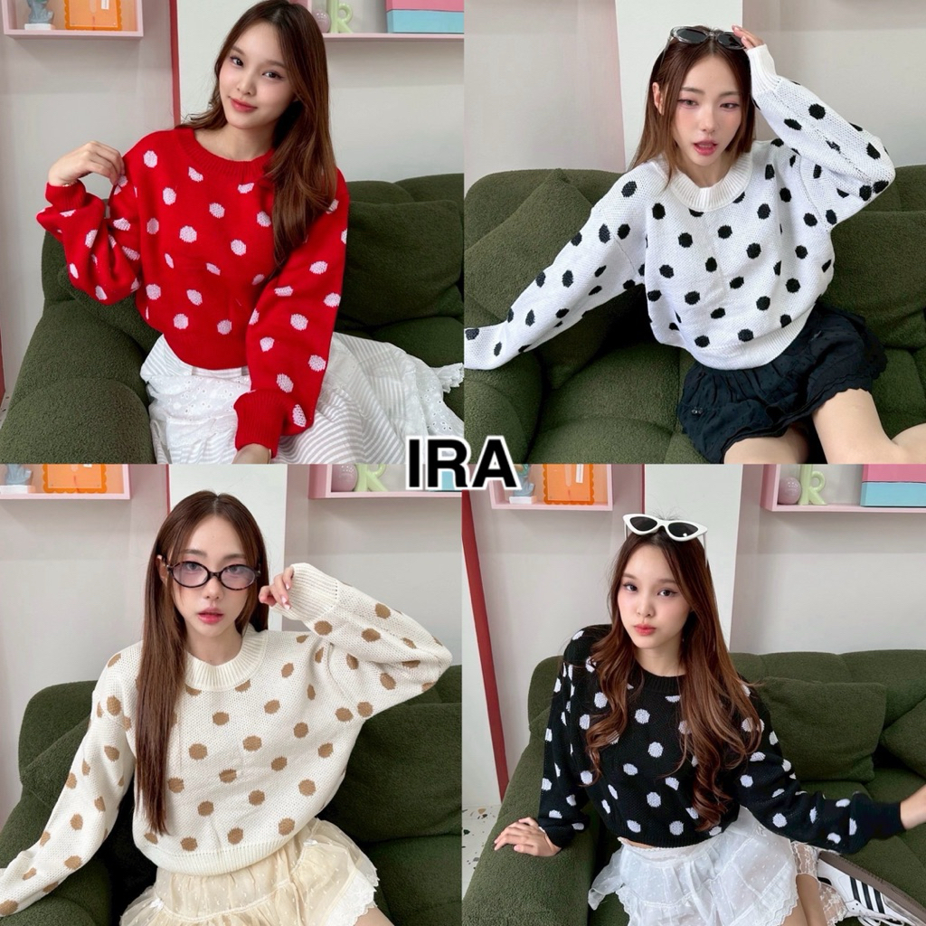 BY IRA พร้อมส่ง เสื้อครอปไหมพรมแขนยาว สเวตเตอร์ลายจุด ผ้านุ่นนิ่ม ทรงสวย