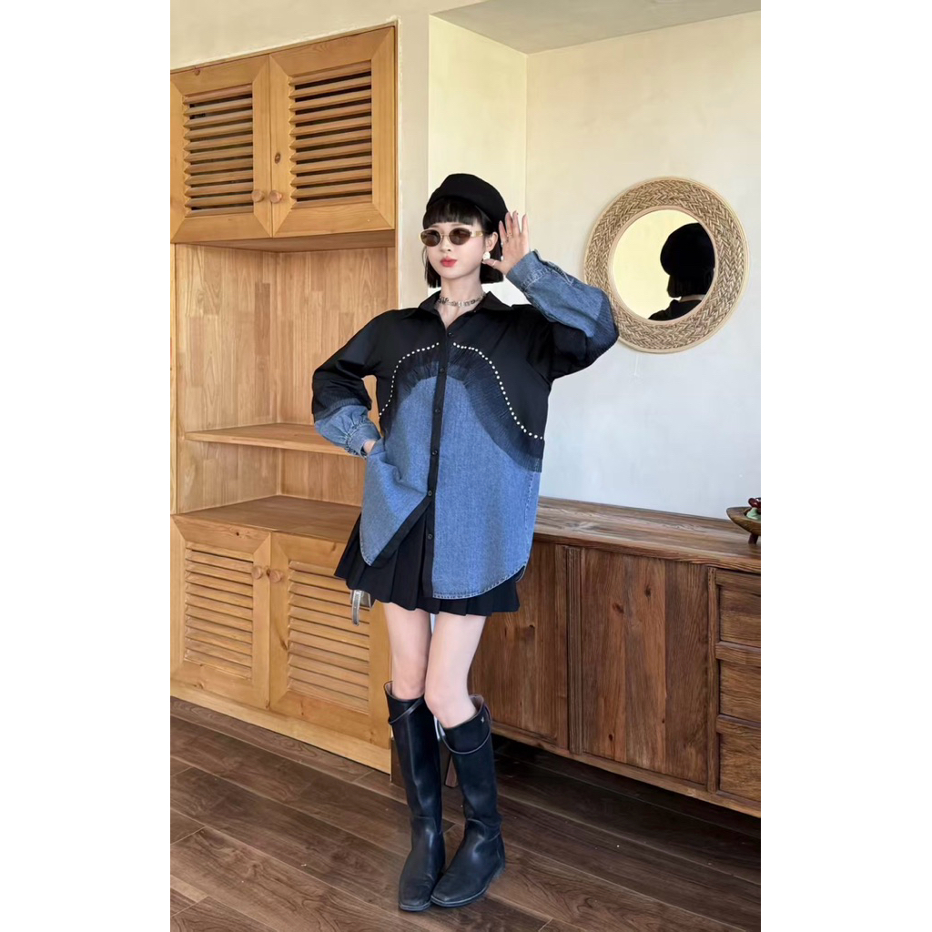 Jeans Patch Cotton Rim Frill DM Long Sleeve Shirt ราคา ถูกที่สุด ดีลบีเคเค แกลเลอรีภาพที่ 5