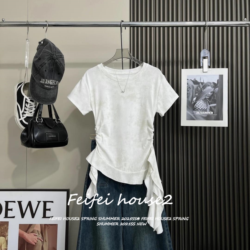 [Casual Ruffled Short-Sleeve T-Shirt]เสื้อยืดคอกลมแฟชั่นระบายไม่สม่ำเสมอสำหรับผู้หญิงเกาหลี