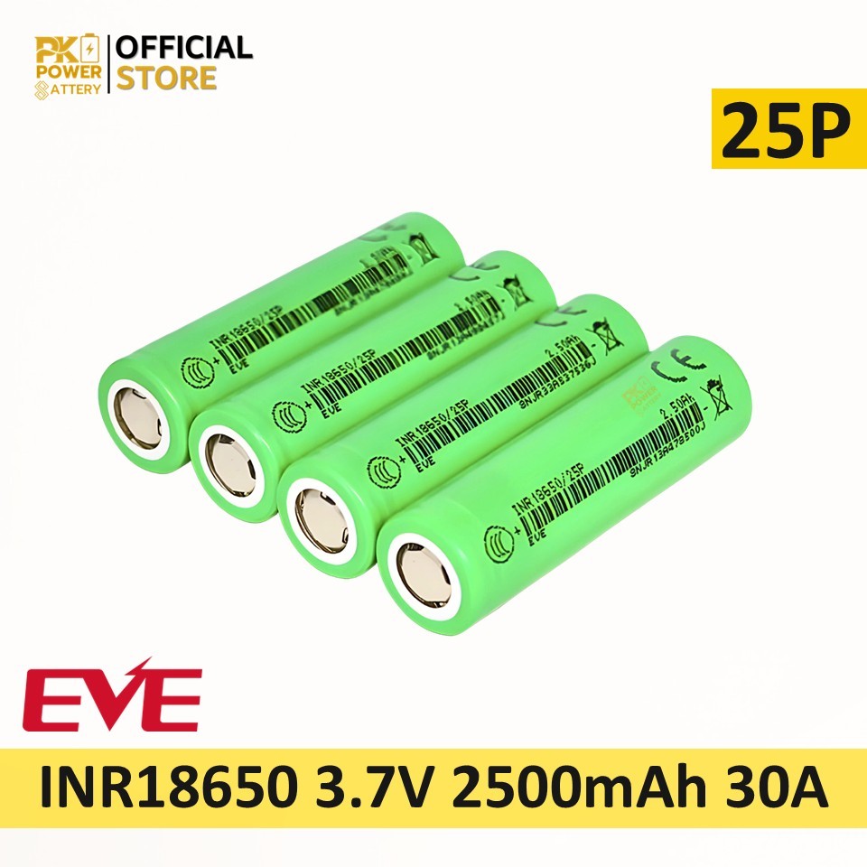 EVE ถ่านชาร์จกำลังสูง 25P 18650 3.7V 2500mAh 12C สำหรับงานโหลดหนักๆ แพคสว่านไฟฟ้า