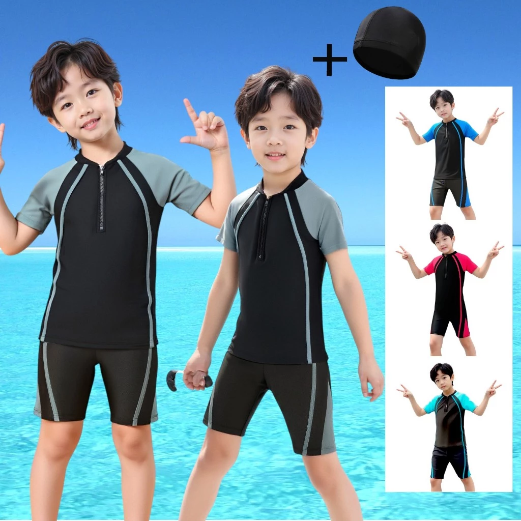 ชุดว่ายน้ำเด็กแขนสั้น( แถมหมวก ) ใส่ได้ทั้งเด็กชายและเด็กหญิง เด็กเล็กและเด็กโต