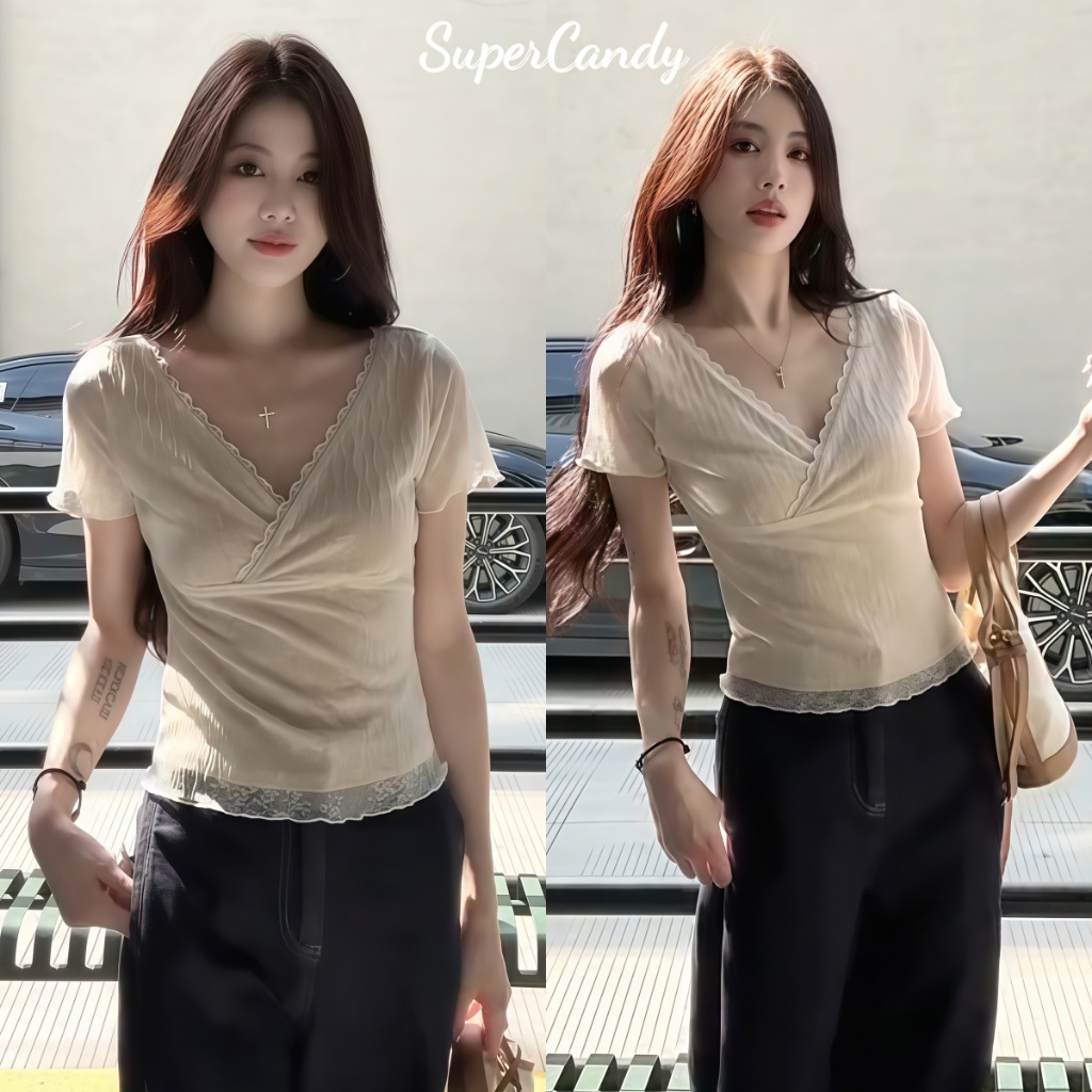 SuperCandy🌷เสื้อเบลาส์ ลูกไม้ คอวี สำหรับผู้หญิง แขนสั้น ลูกไม้สีขาวโปร่งแสง สีเนื้อเสื้อกระชับสัดส่วน
