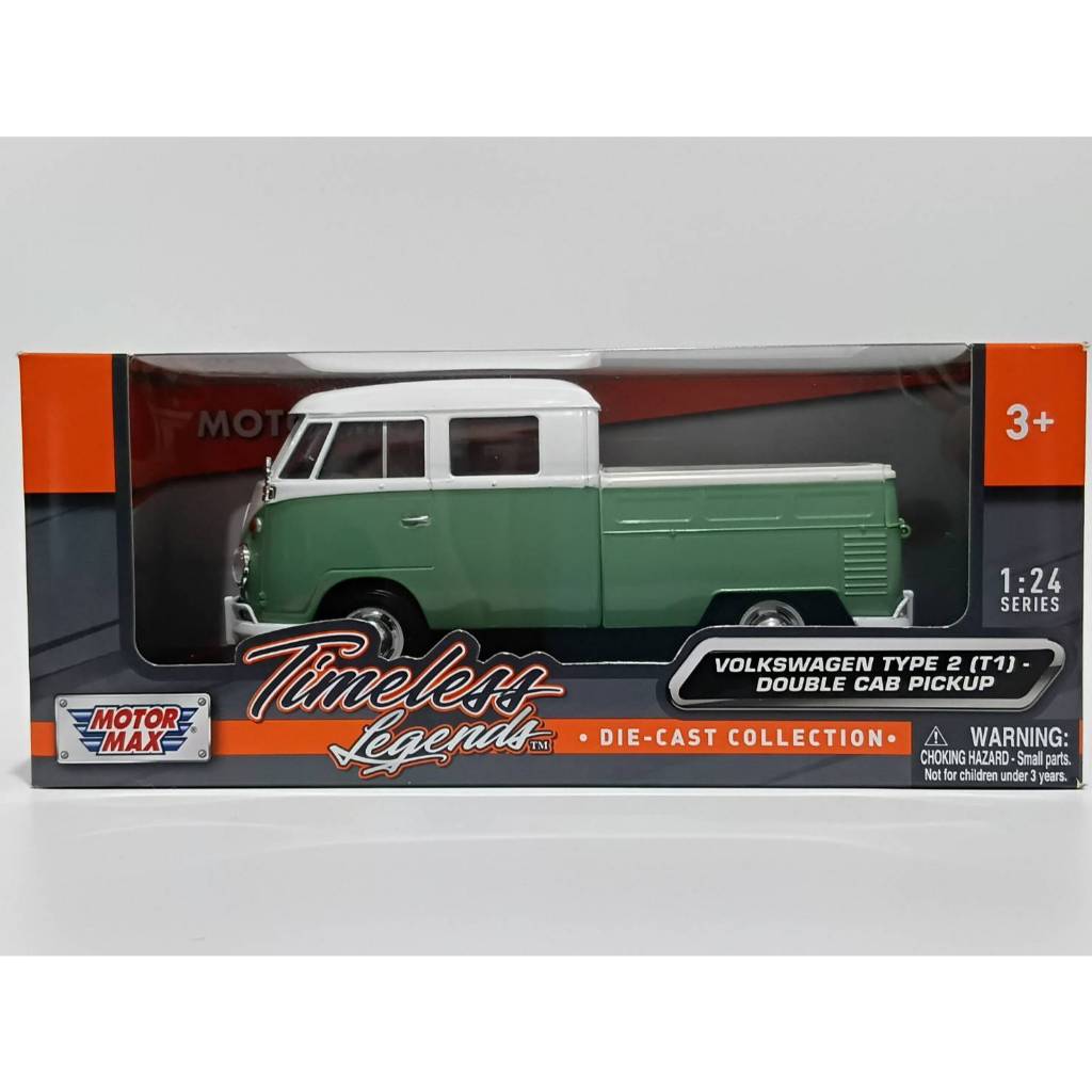 โมเดลรถ MOTORMAX TIMELESS LEGENDS VOLKSWAGEN TYPE 2 (T1) DOUBLE CAB PICK-UP WHITE/GREEN scale 1:24 N