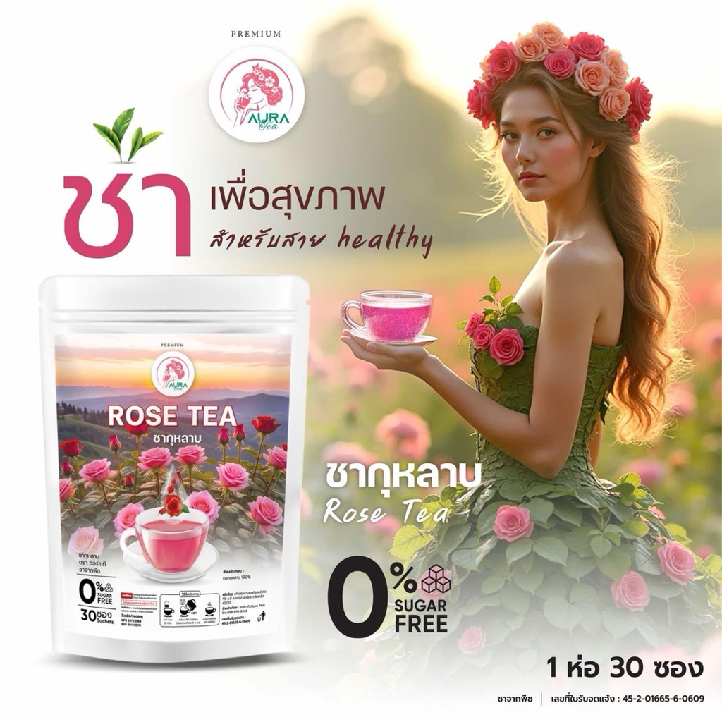 ชากุหลาบ แบรนด์ ออร่า ที (Aura Tea) ตัวแทนจำหน่าย มีอย. บรรจุ 30 ซอง(0% ไม่มีน้ำตาล)