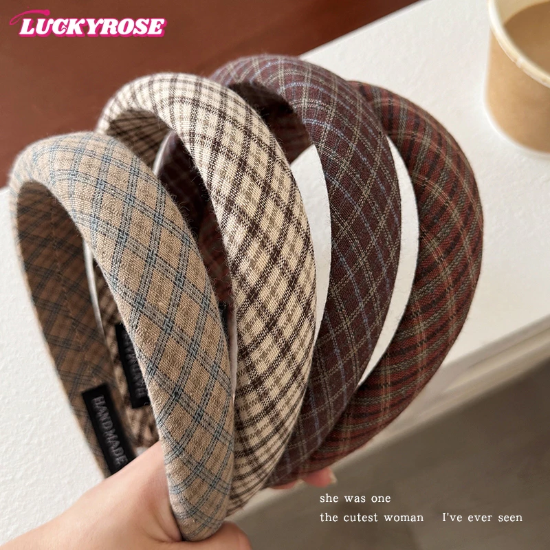 LUCKYROSE ที่คาดผมสไตล์เกาหลี ลายสก๊อตย้อนยุค ทรงสูง ปรับหน้ากระชับ ผู้หญิง ใส่ได้ทุกสไตล์