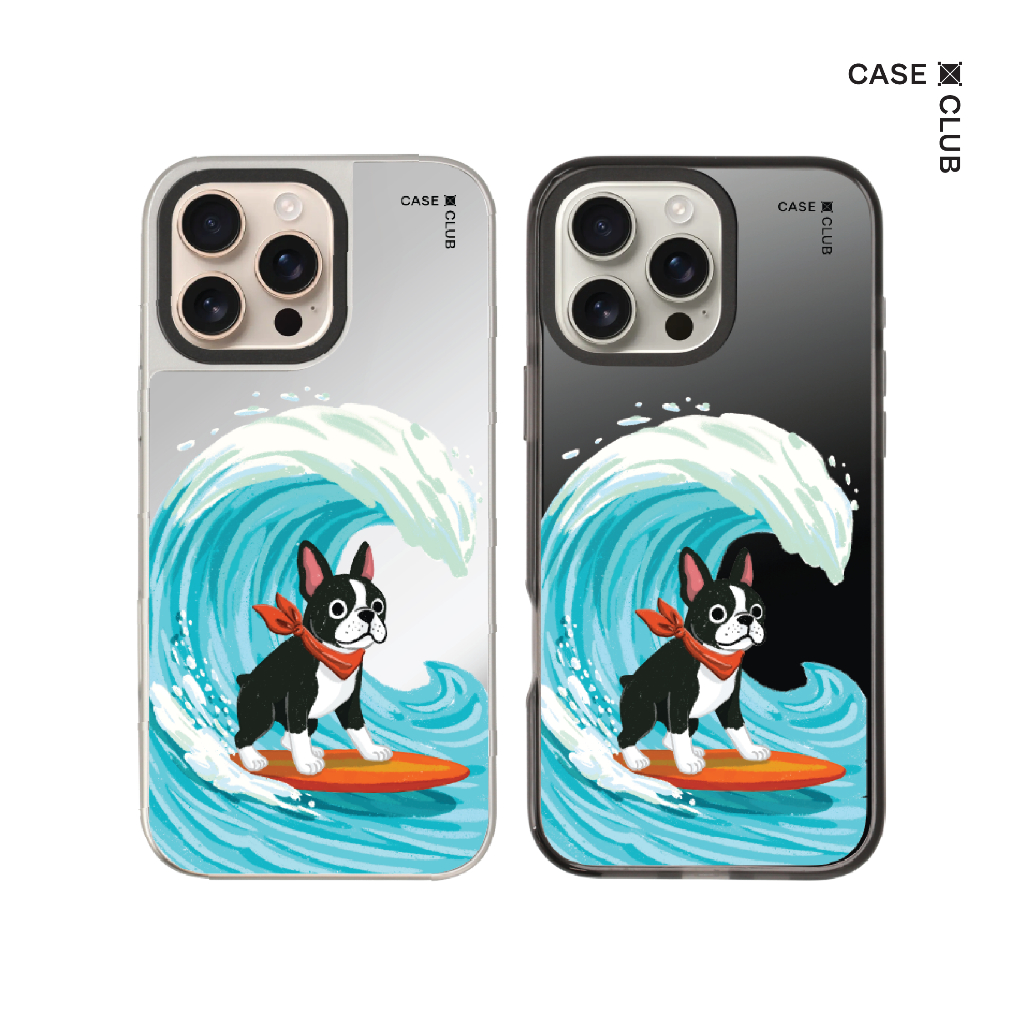 CaseClub เคสไอโฟน เคสกระจก ลาย Boston Terrier Surf สำหรับ i17 Pro Max/i17 Pro/i17 Air/i17