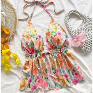 Crop TC2443 เสื้อคล้องคอ ผูกหน้า คอวี เปิดหลัง