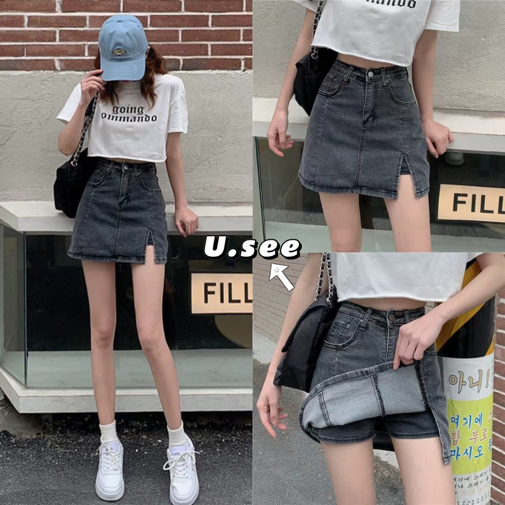 5สี กระโปรงทรงเอ กระโปรงยีนส์ พร้อมกางเกงกันโป๊ งานเย็บละเอียด เเบบผ่าข้าง#J93016