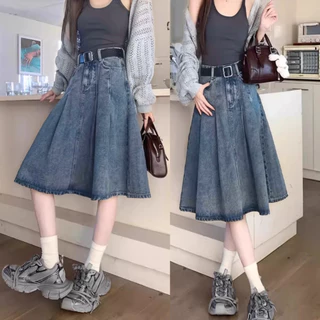 S~5XL Denim skirt for women A-line skirt กระโปรงทรงเอจีบพลีตสไตล์วินเทจ กระโปรงยีนส์เอวสูงทรงหลวมสไตล์ลำลอง HOT