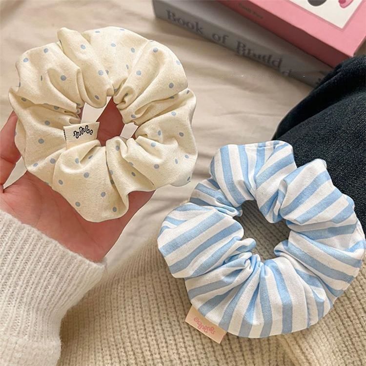 พร้อมส่ง🇹🇭  E016 ยางรัดผม แถบสีฟ้าและลายจุด ที่รัดผม ยางรัดผมโดนัท ผ้ารัดผม เชือกรัดผม