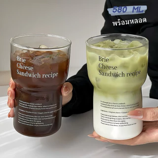 (หลอดแก้วฟรี) แก้วน้ำ แก้วกาแฟ ชาเขียว 580 ml สกรีนลาย อักษรภาษาอังกฤษ ทนความร้อน วัสดุแก้ว