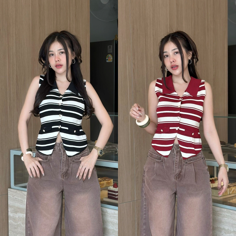 SpinnyHouse เสื้อกล้ามคอวี ทรงคอปกกระดุม แต่งกระดุมผ่าหน้า ผ้าไหมพรม สาวอวบใส่ได้ รุ่น เงินด่วน ราคา ถูกที่สุด ดีลบีเคเค