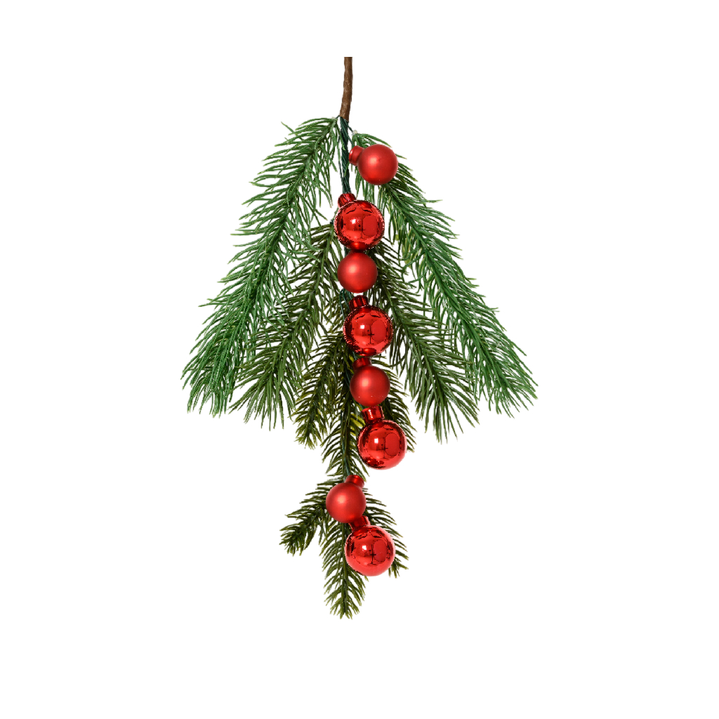 กิ่งสนตกแต่งคริสต์มาส พร้อมลูกบอลแก้ว Christmas Red | Christmas Branch with Christmas Red Glass Baubles