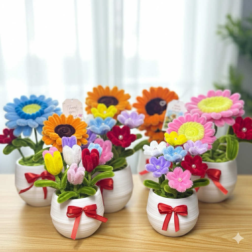 💐กระถางดอกไม้ลวดกำมะหยี่ 💐ตั้งบนโต๊ะทำงาน พร้อมกล่องและการ์ด