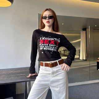 🌈SpinnyHouse🌈เสื้อปาดไหล่แขนยาว พร้อมส่ง สกรีนลายแน่นๆ ปาดไหล่แขนยาว ผ้าร่องยืด สาวอวบใส่ได้ รุ่น ไวกิ้ง SEXY