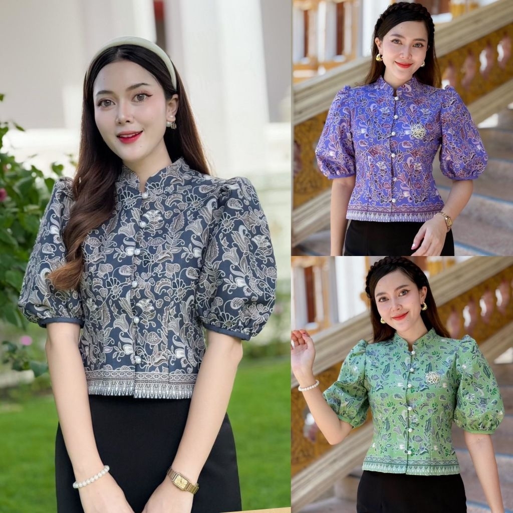 เสื้อคอจีนแขนบอลลูน เสื้ออัดผ้ากาว ผ้าไทย ชุดผ้าไทย