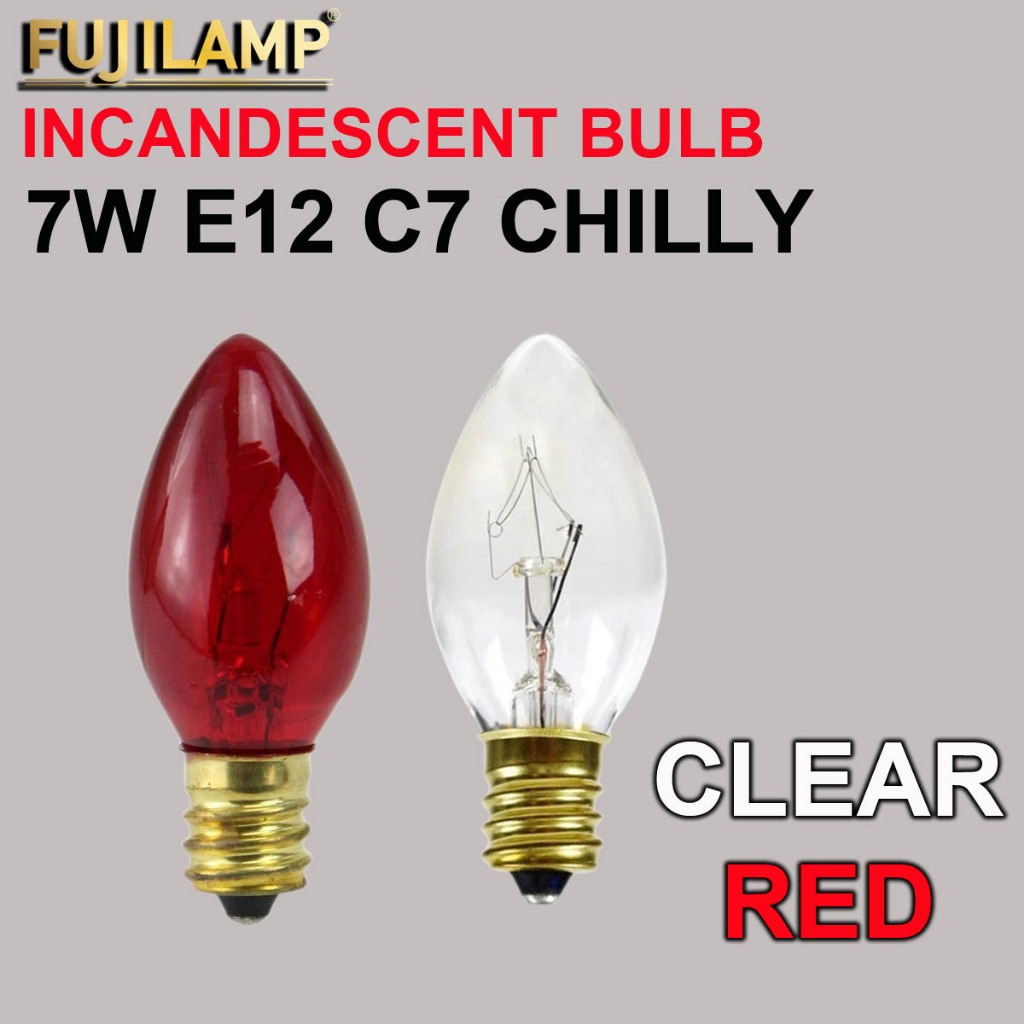 FUJILAMP (ยกกล่อง 50 ชิ้น ถูกกว่า) หลอดจำปา 7W E12 สี แดง สำหรับ สิวอร์มไวท์ ประดับตกแต่ง งานเทศกาล ตกแต่งศาลเจ้า หิ้งพ